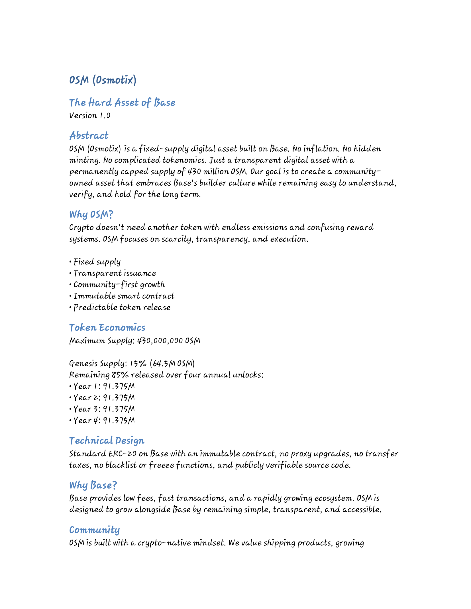Osmotix whitepaper page 1 — token overview and supply mechanics